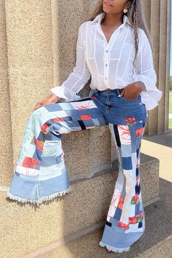 Stylish Colorblock Natural Print Raw Edge Flared Jeans