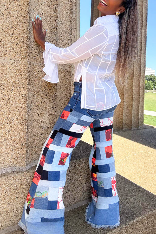 Stylish Colorblock Natural Print Raw Edge Flared Jeans
