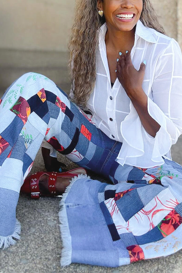 Stylish Colorblock Natural Print Raw Edge Flared Jeans