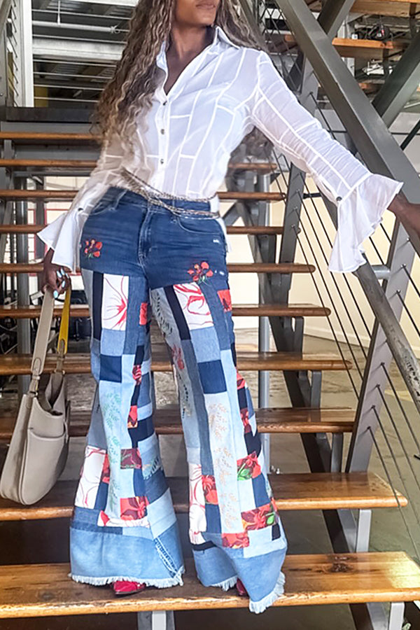 Stylish Colorblock Natural Print Raw Edge Flared Jeans