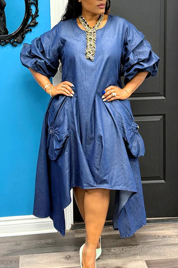 Stylish Bejeweled Pocket Irregular Denim Maxi Dress