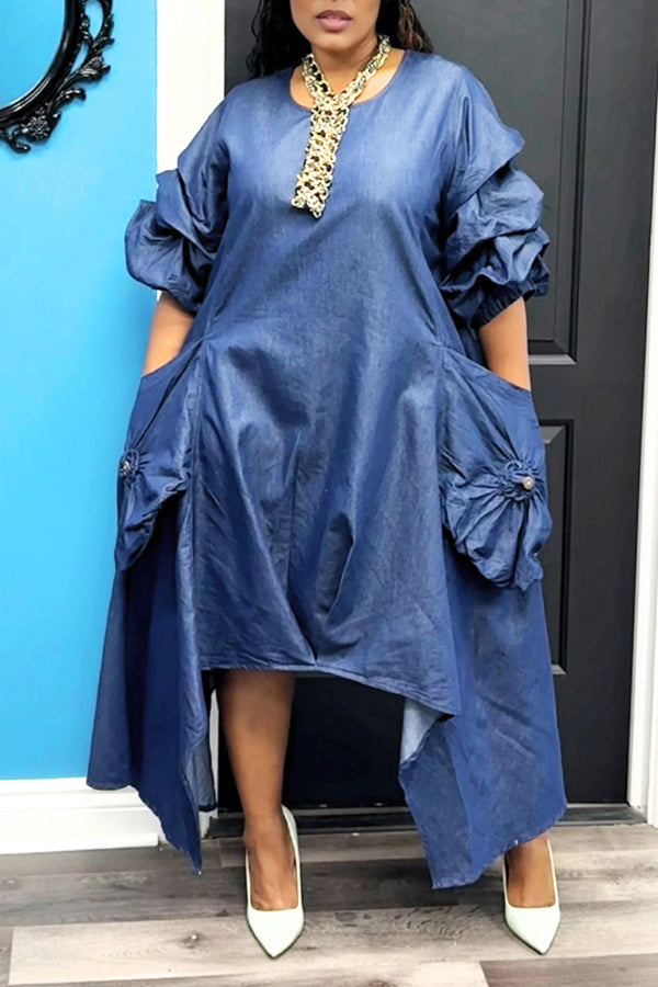 Stylish Bejeweled Pocket Irregular Denim Maxi Dress