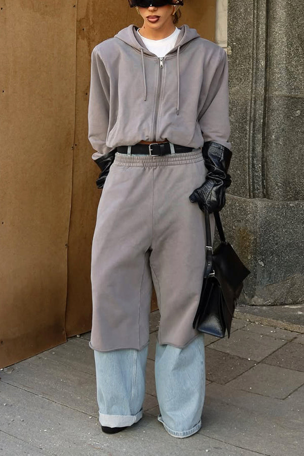 Sporty Hoodie & Denim Patchwork Pants Set