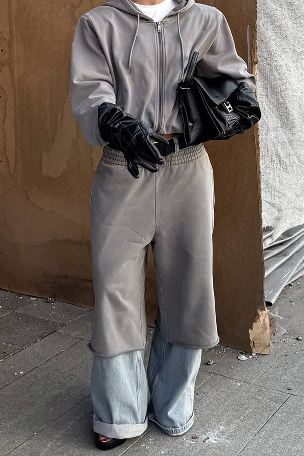 Sporty Hoodie & Denim Patchwork Pants Set