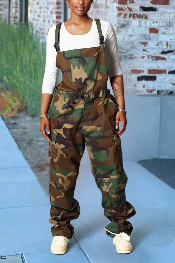 Stylish Camo Print Flap Pocket Overalls