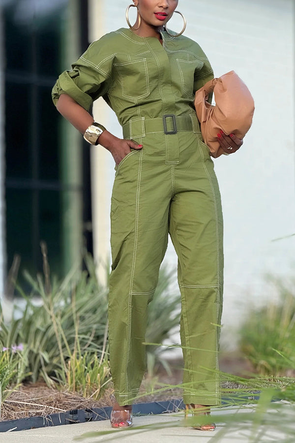 Fashionable Multi Pocket White Seam Detail Jumpsuit