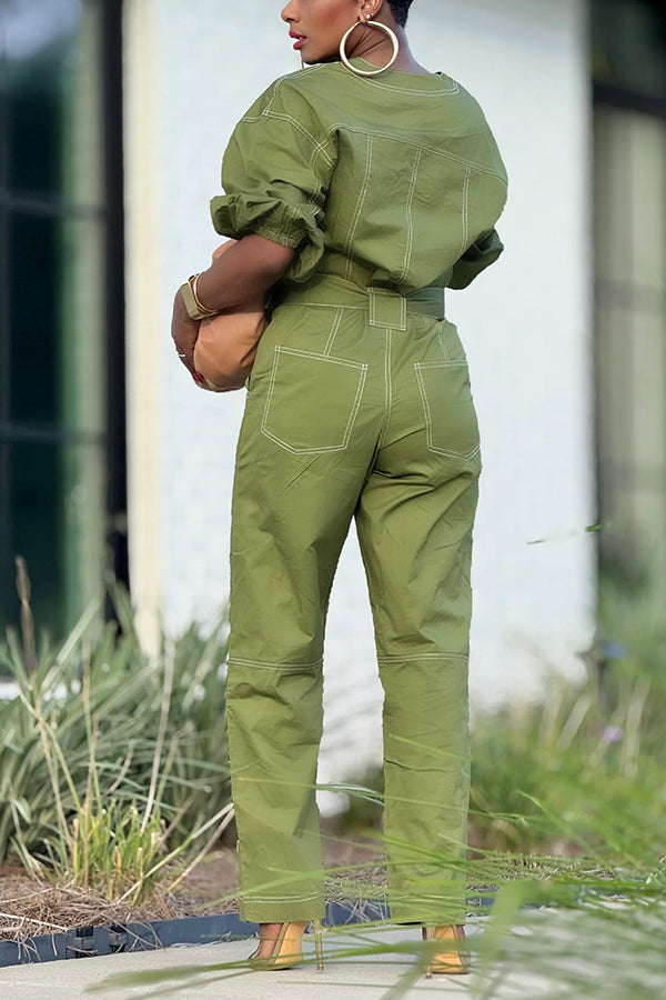 Fashionable Multi Pocket White Seam Detail Jumpsuit