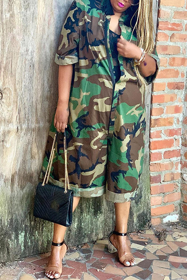 Loose Hidden Front Zipper Camouflage Wide Leg Jumpsuit