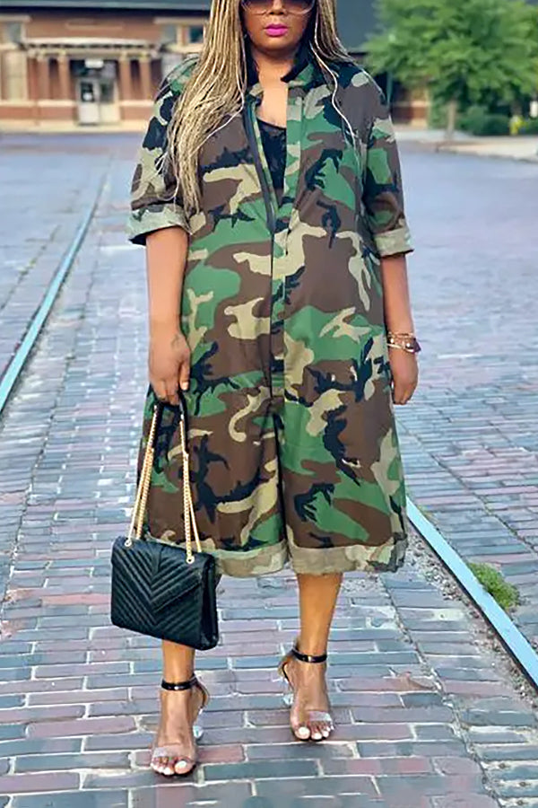 Loose Hidden Front Zipper Camouflage Wide Leg Jumpsuit