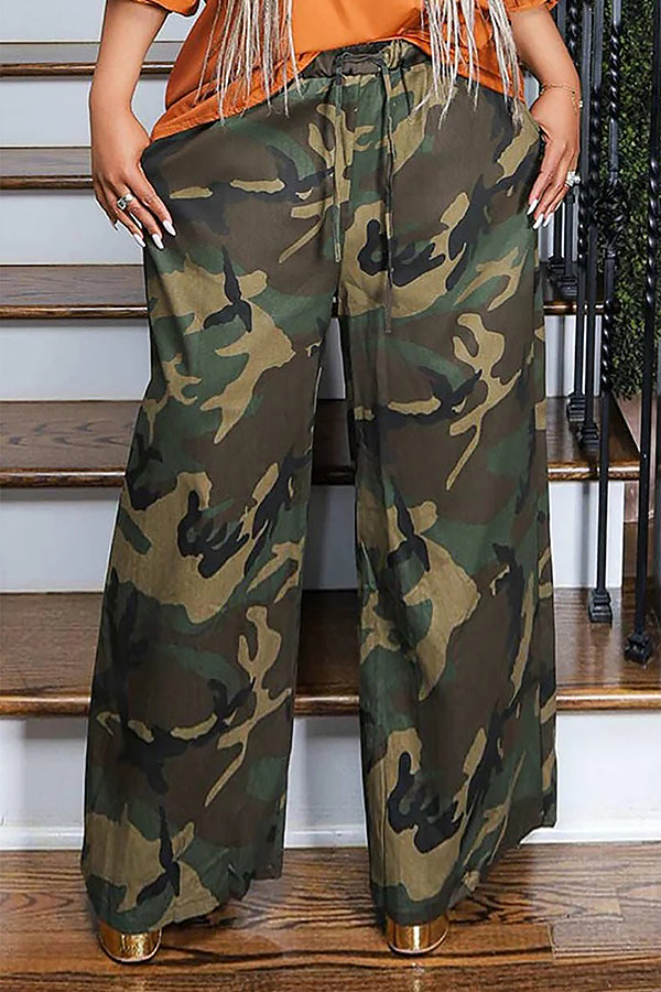 Loose Drawstring High Waist Wide Leg Camouflage Pants