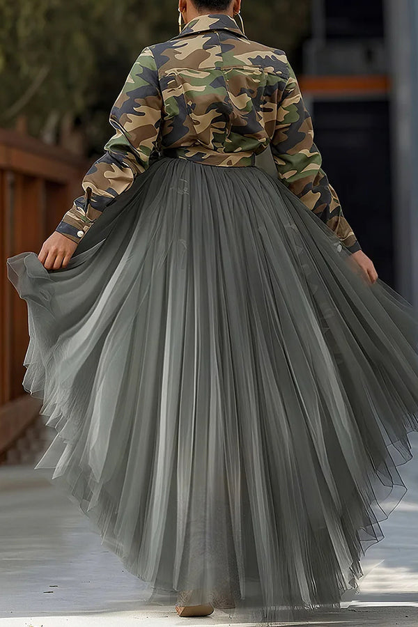 Stylish Mesh Patchwork Ruffled Irregular Camouflage Maxi Dress