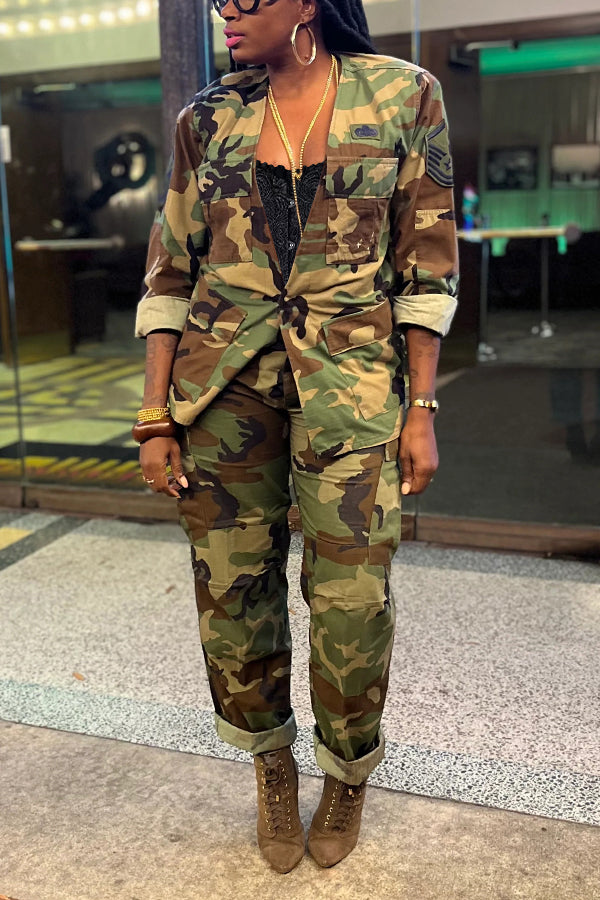 Casual Deep V-neck Multi Pocket Camouflage Jacket