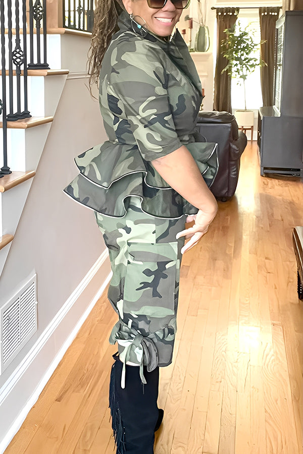 Stylish Camo Print Jacket & Shorts Set