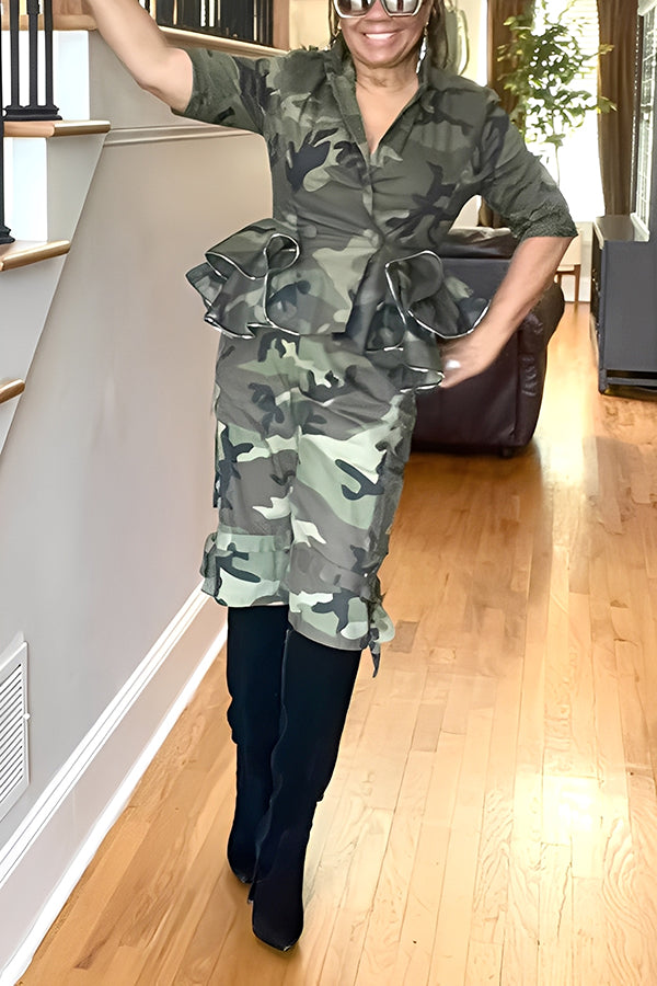 Stylish Camo Print Jacket & Shorts Set