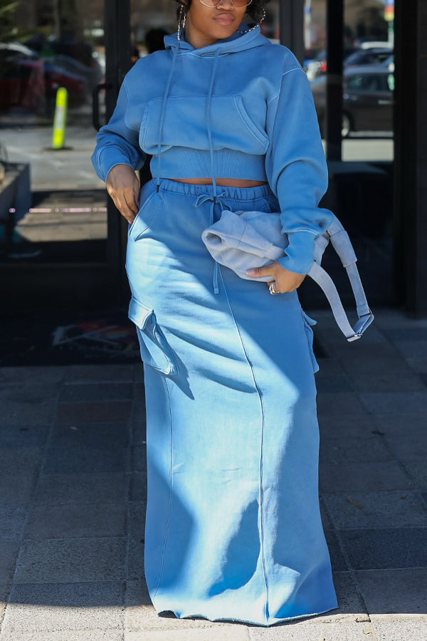 Casual Kangaroo Pocket Hoodie & Skirt Set