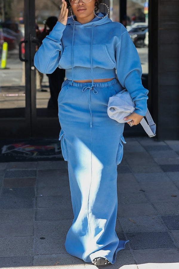 Casual Kangaroo Pocket Hoodie & Skirt Set