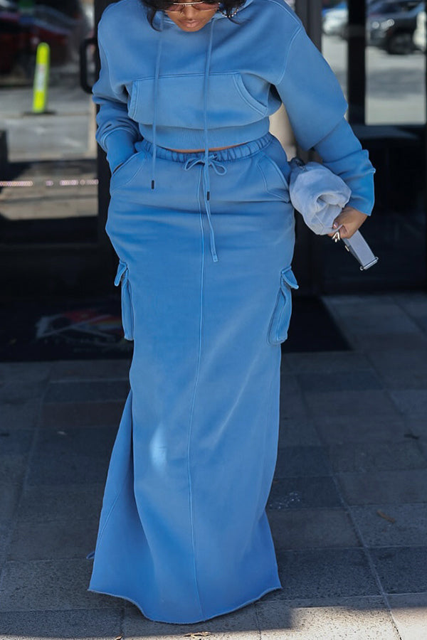 Casual Kangaroo Pocket Hoodie & Skirt Set