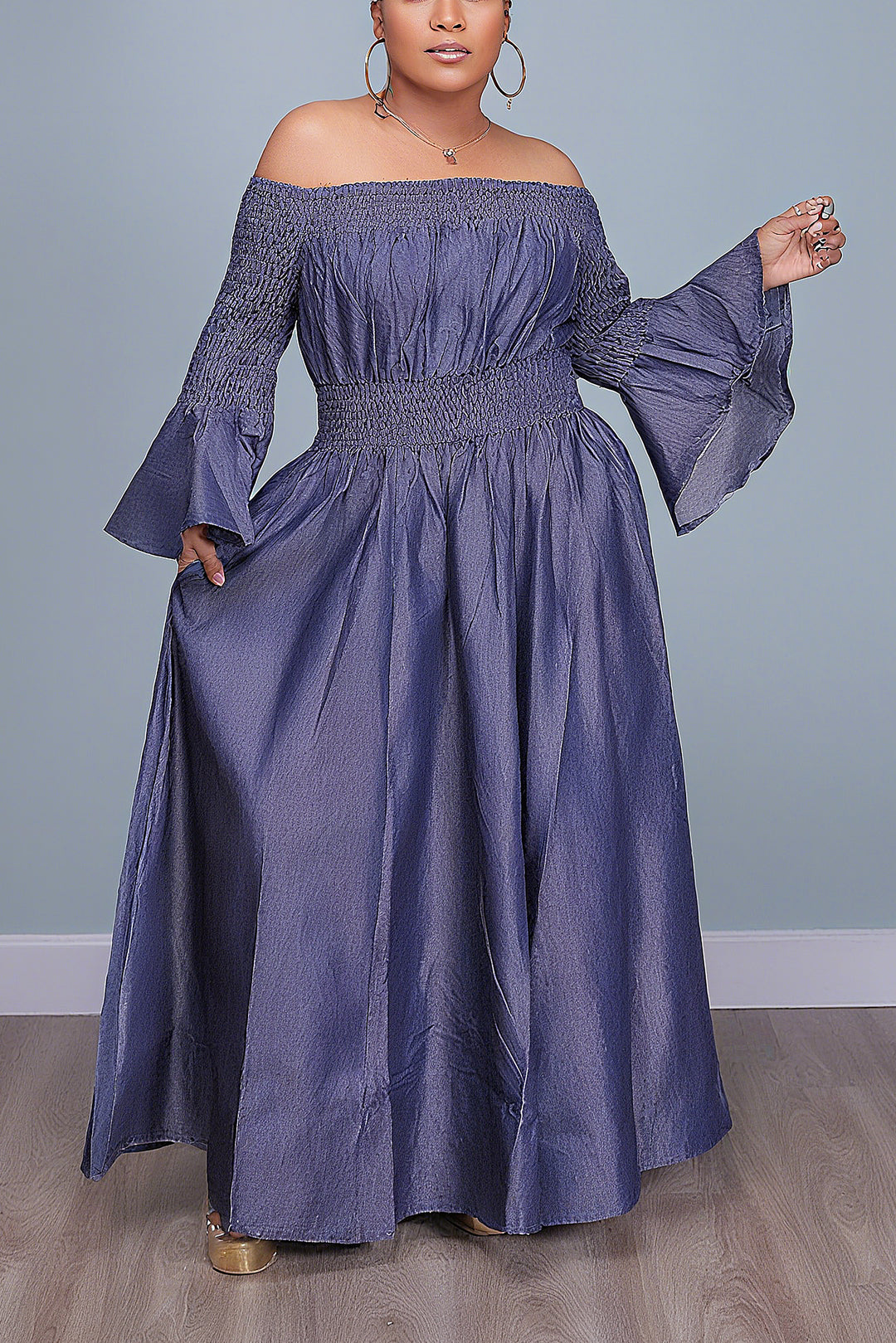 Stylish Off Shoulder Trumpet Sleeve Dress