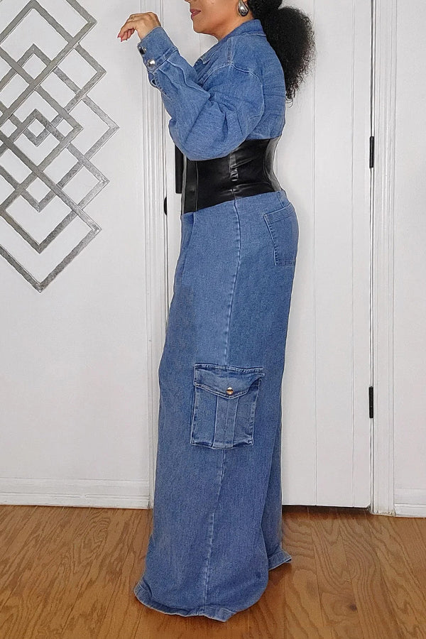 Stylish Faux Leather Corset Cargo Denim Jumpsuit