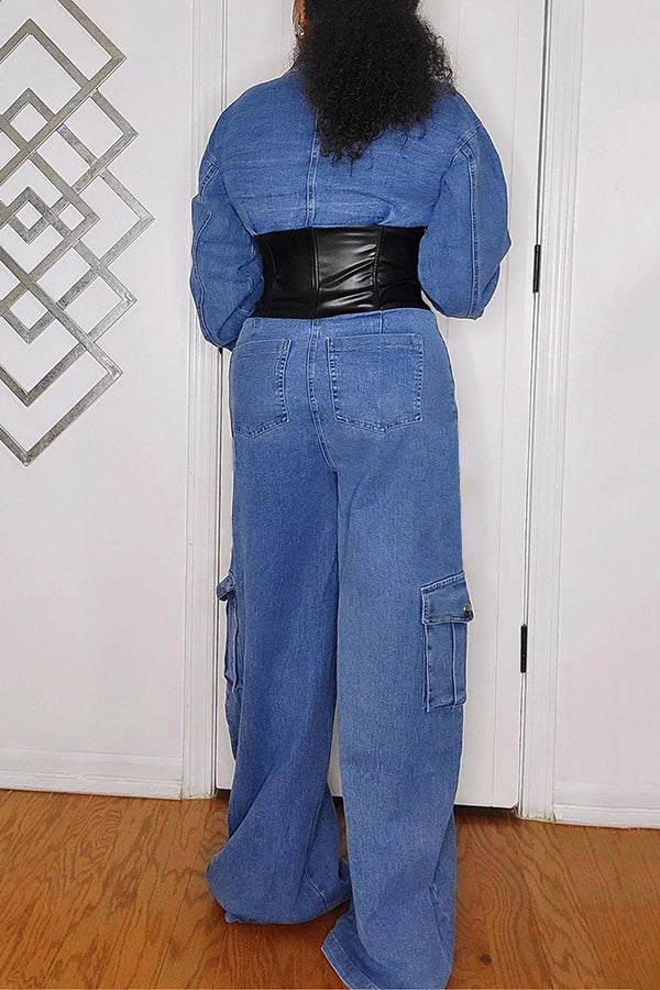 Stylish Faux Leather Corset Cargo Denim Jumpsuit