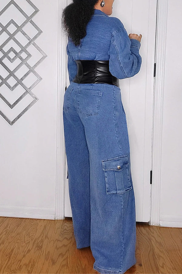 Stylish Faux Leather Corset Cargo Denim Jumpsuit