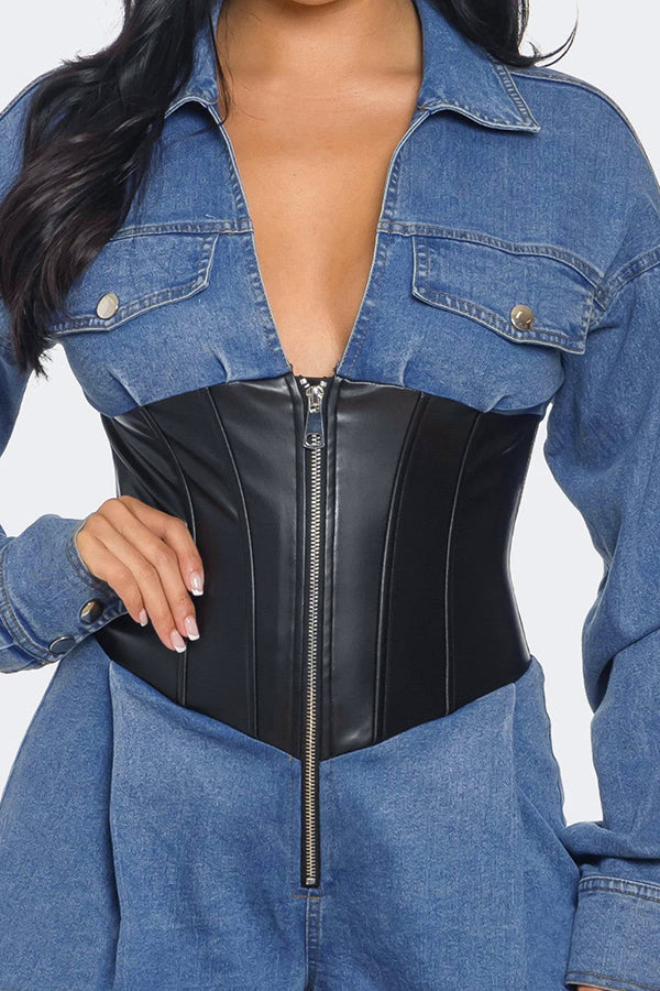 Stylish Faux Leather Corset Cargo Denim Jumpsuit