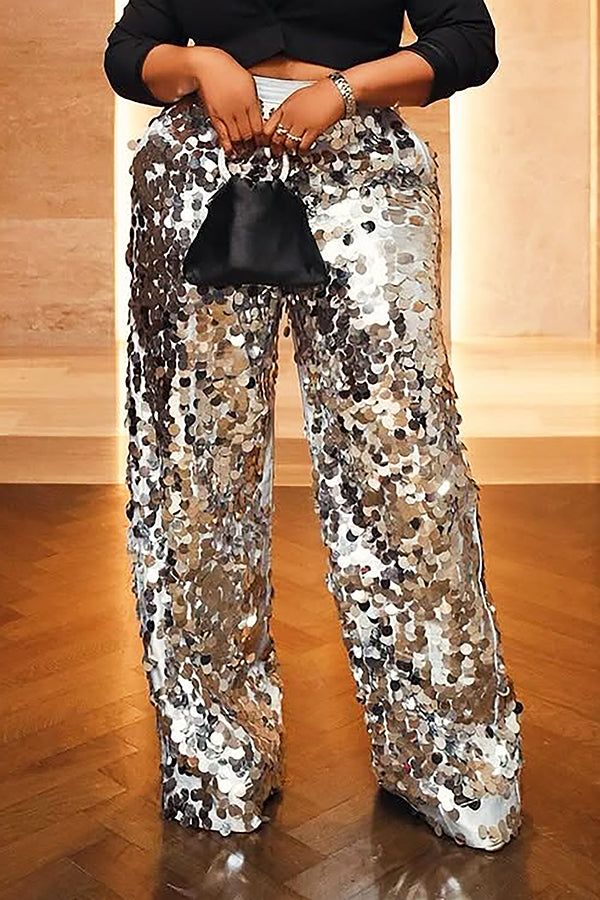 Striking Sequined High Waist Wide Leg Pants
