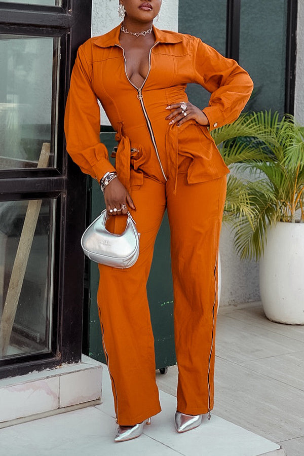 Stylish Lantern Sleeve Zip Belted Jumpsuit