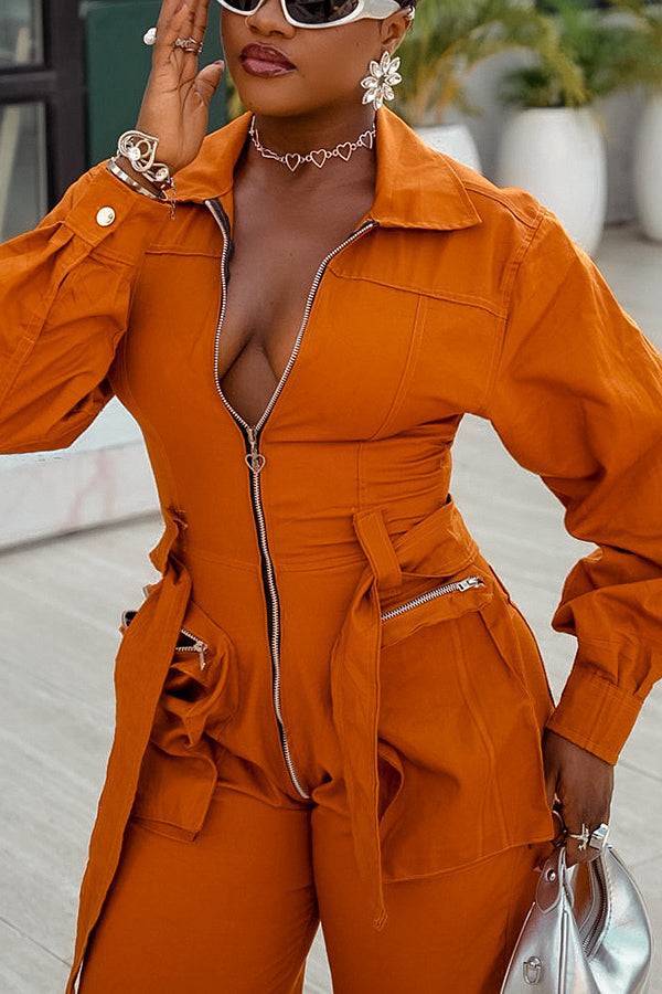 Stylish Lantern Sleeve Zip Belted Jumpsuit