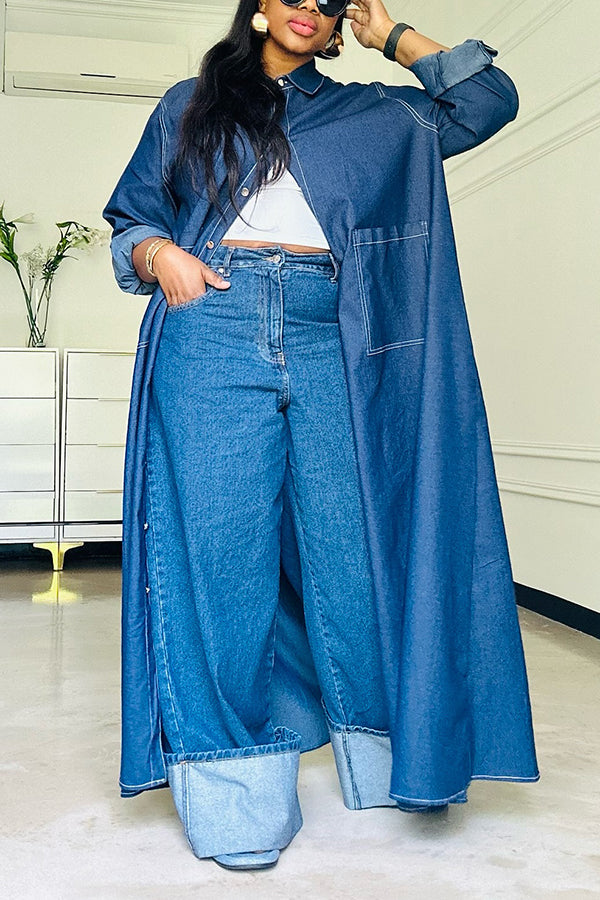 Street Style Double Pocket Denim Long Shirt