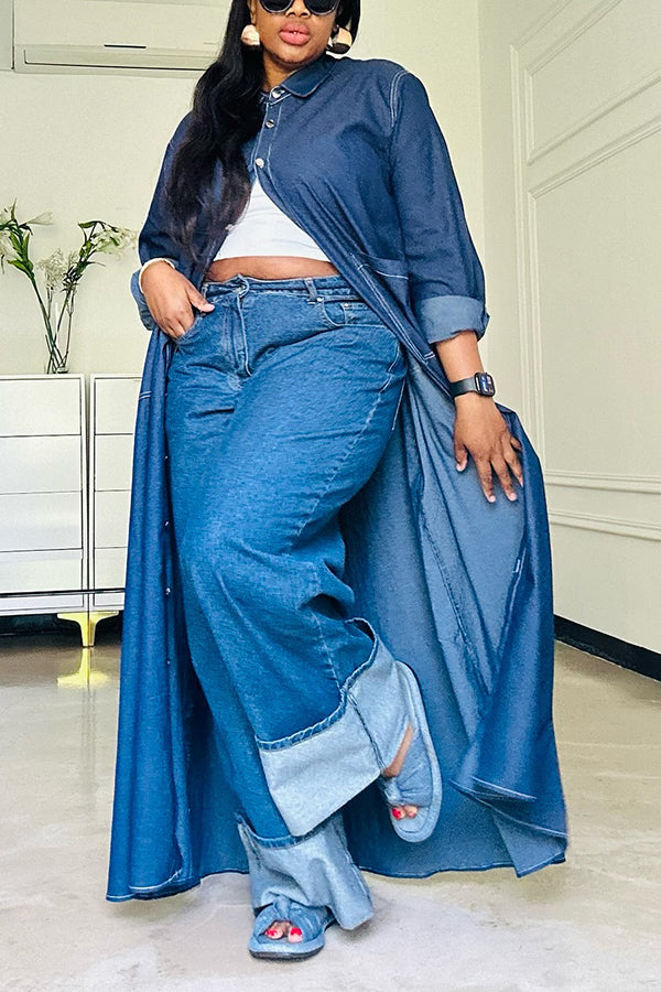Street Style Double Pocket Denim Long Shirt