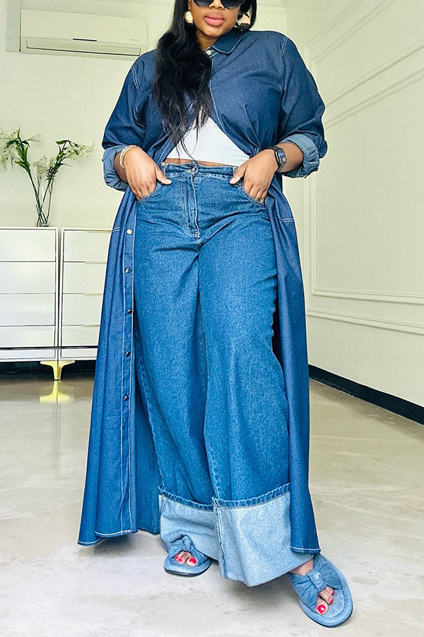 Street Style Double Pocket Denim Long Shirt