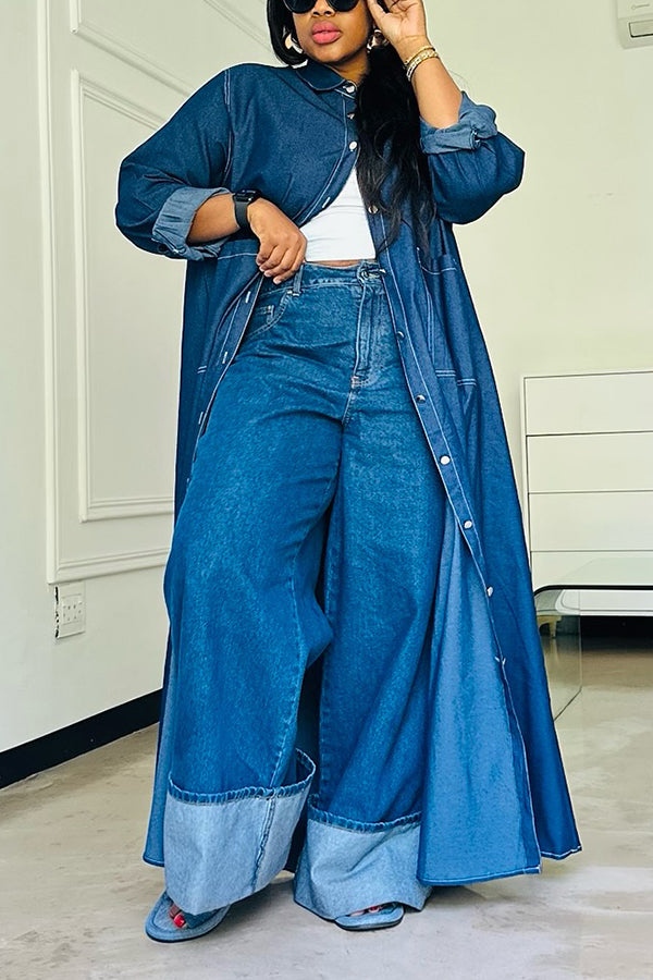 Street Style Double Pocket Denim Long Shirt