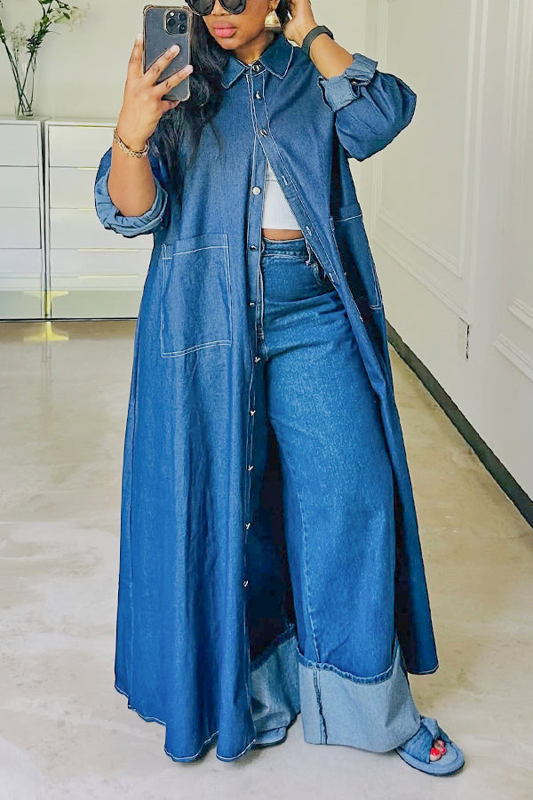 Street Style Double Pocket Denim Long Shirt