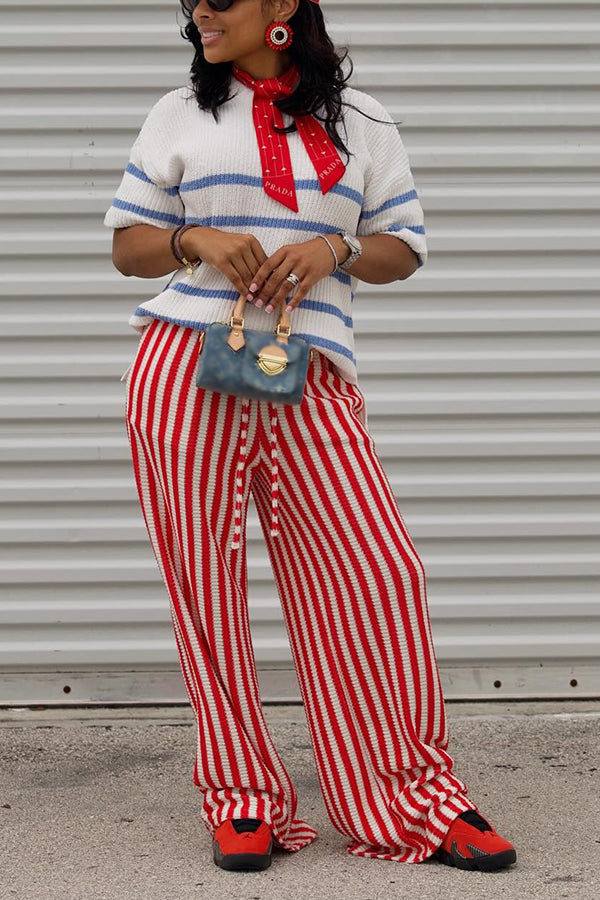 Vibrant Striped Knitted Sweater & Wide Leg Pants Set