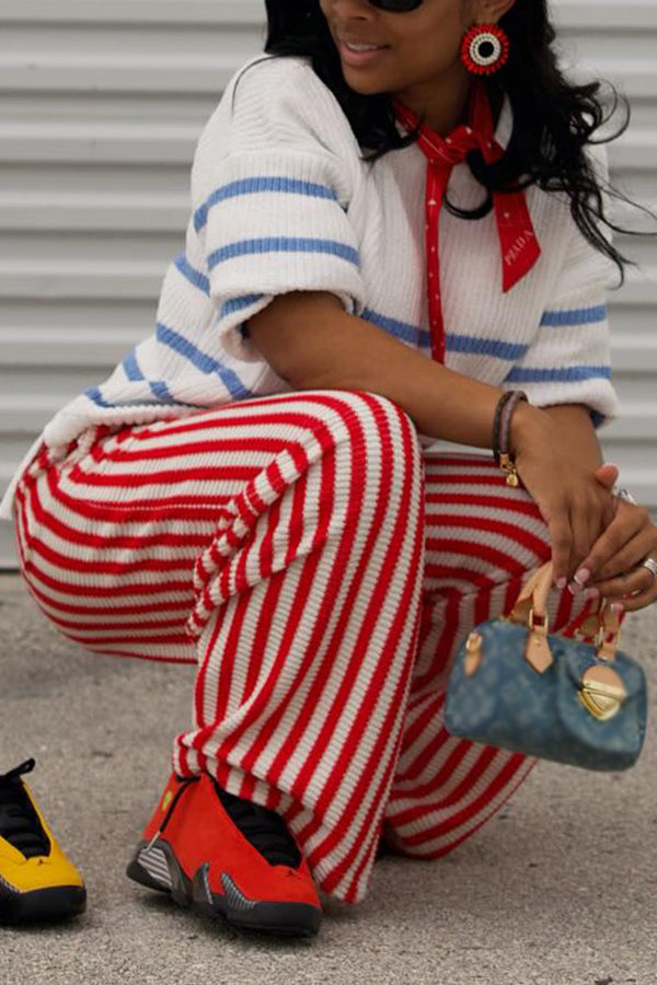 Vibrant Striped Knitted Sweater & Wide Leg Pants Set