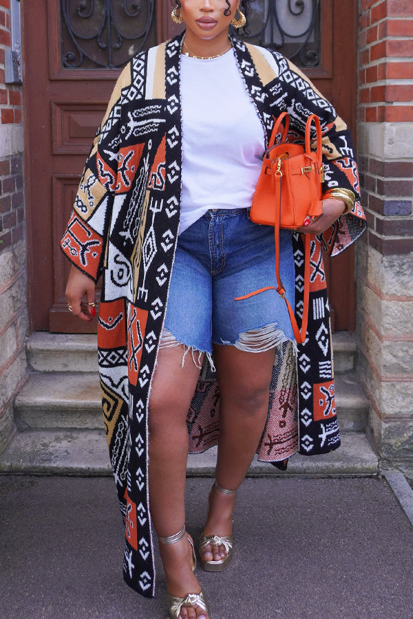 Chic Graphic Print Long Knit Cardigan