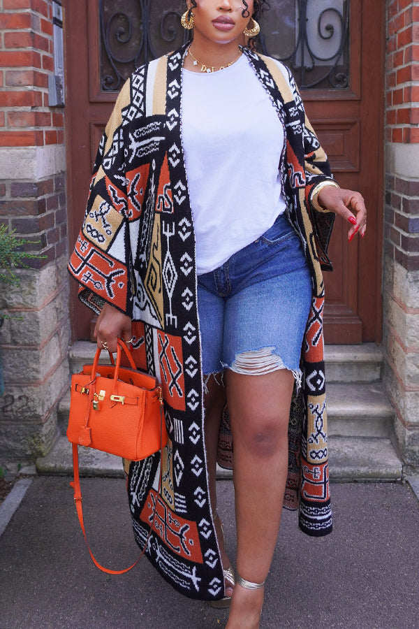 Chic Graphic Print Long Knit Cardigan