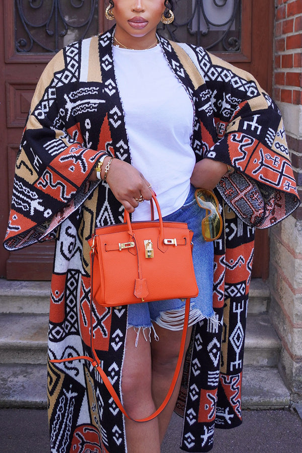 Chic Graphic Print Long Knit Cardigan