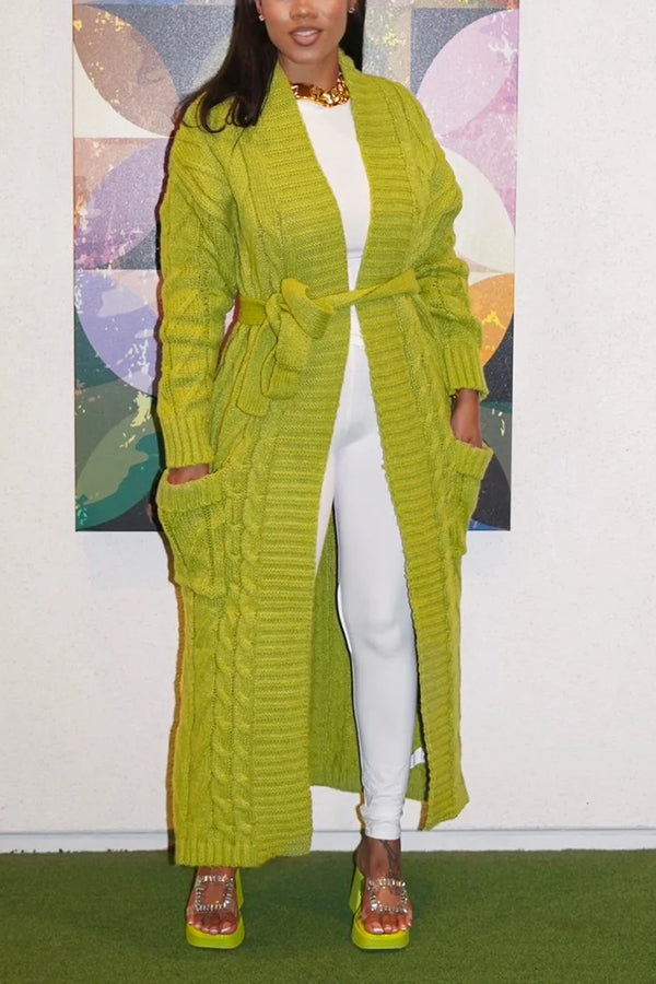 Casual Cozy Pockets Belted Long Cardigan