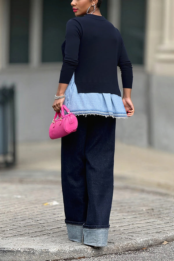 Stylish Button Up Denim Splicing Sweater