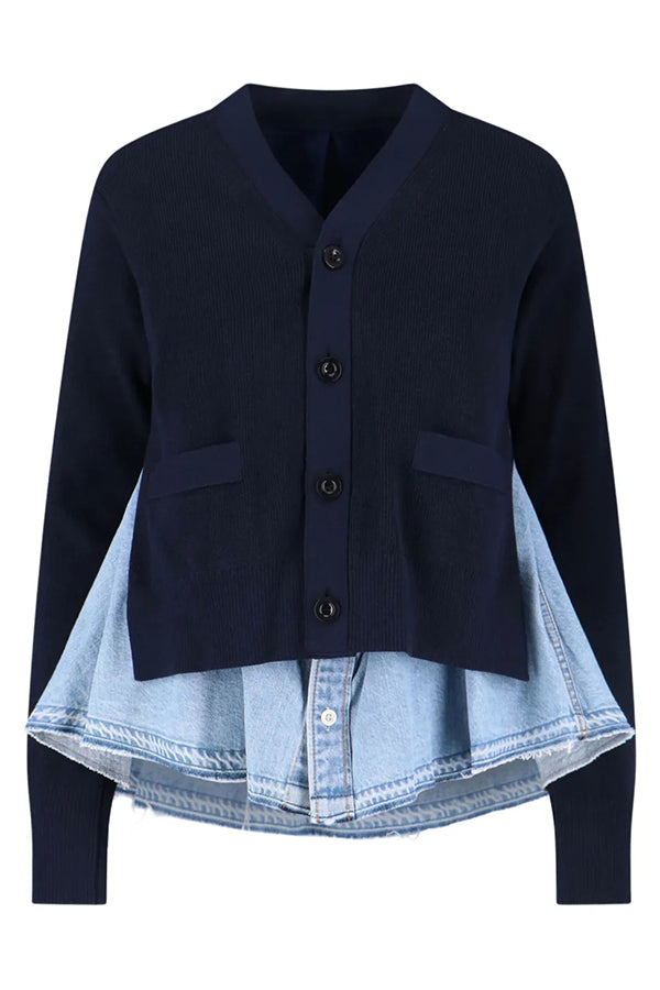 Stylish Button Up Denim Splicing Sweater