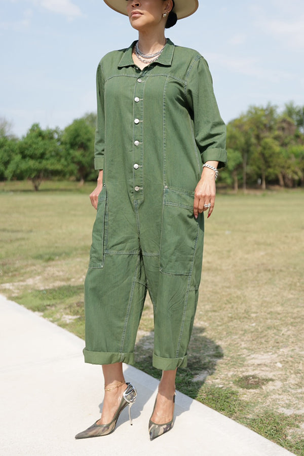Active Single Breasted Multi Pocket Denim Cargo Jumpsuit