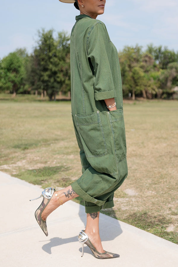 Active Single Breasted Multi Pocket Denim Cargo Jumpsuit