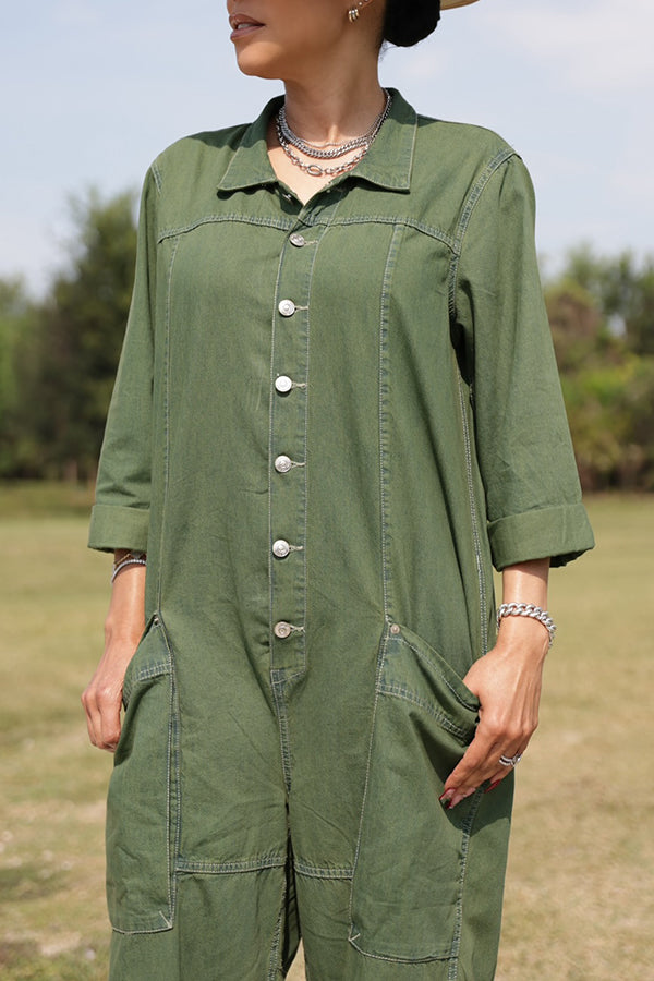 Active Single Breasted Multi Pocket Denim Cargo Jumpsuit