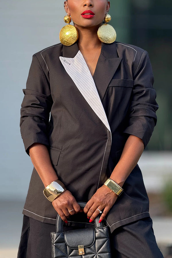 Boyfriend Style Pinstripe Contrast Lapel Threaded Seam Blazer