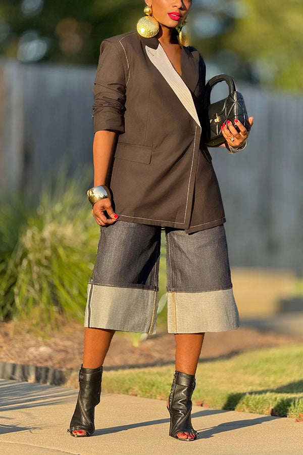 Boyfriend Style Pinstripe Contrast Lapel Threaded Seam Blazer