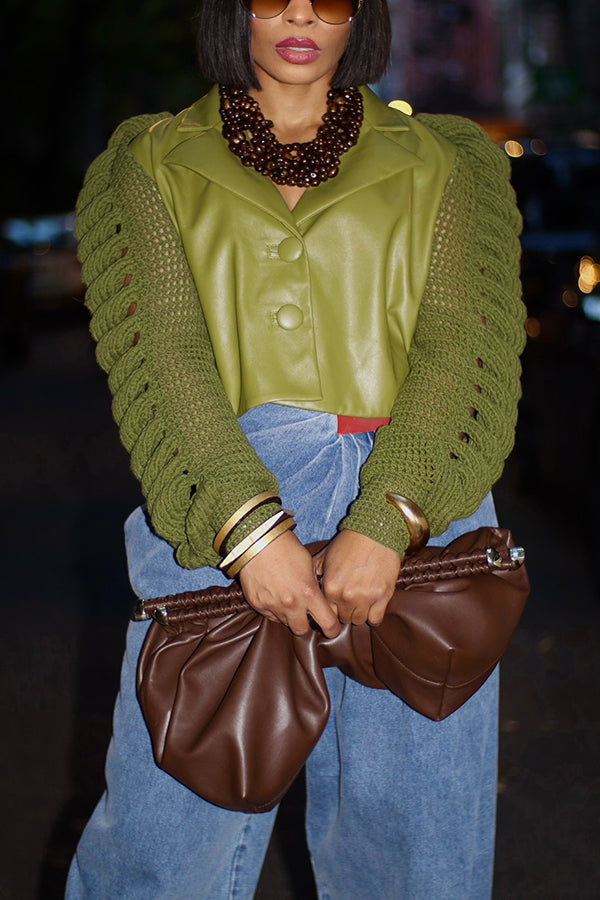 Stylish Knitted Sleeve Patchwork PU Jacket