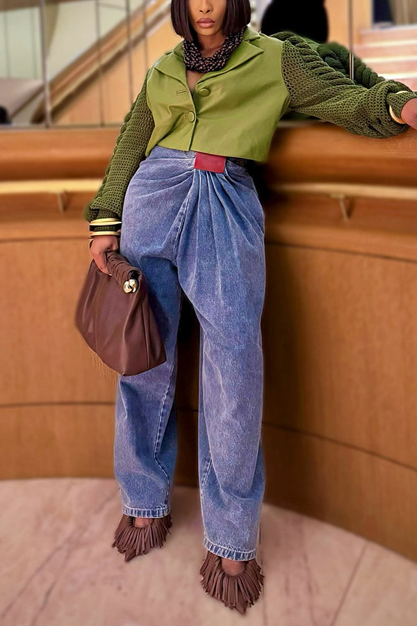 Stylish Knitted Sleeve Patchwork PU Jacket