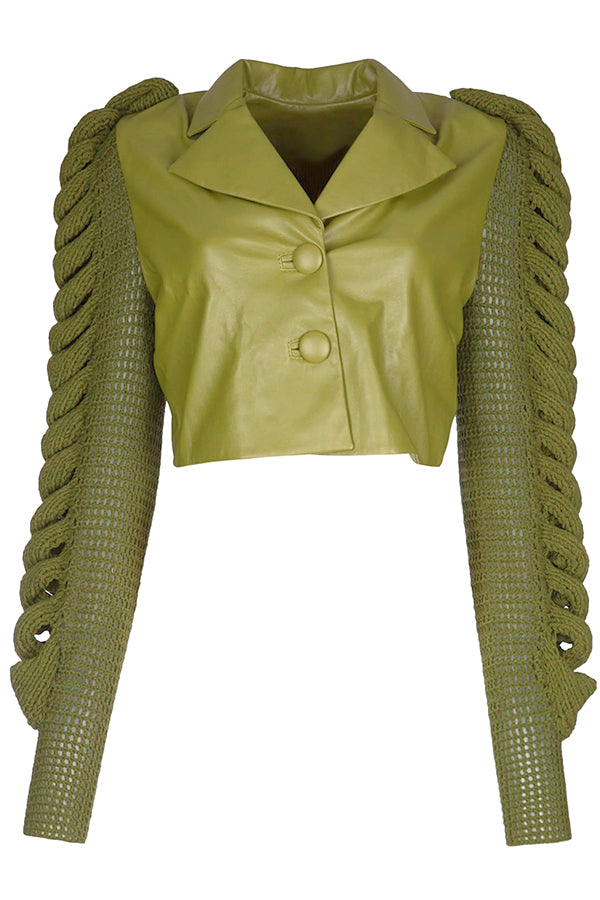 Stylish Knitted Sleeve Patchwork PU Jacket